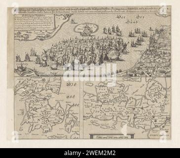 Bataille maritime dans le sont, 1658, 1658 - 1699 imprimer bataille maritime dans le sont entre Helsingør, Helsingborg et Copenhague, le 8 novembre 1658. La flotte d'État, conduite par Jacob van Wassenaer Obdam, le roi danois Frederik III vint à l'aide des Suédois dirigés par le roi Charles x Gustaaf. Les Néerlandais réussissent et forcent les Suédois à mettre fin à leur siège de Copenhague. Présentation en trois parties. Au sommet de la bataille maritime avec la légende A-G en allemand, sous deux cartes du sont et Sleeswijk-Holstein. Bataille de gravure de papier (+ voiliers) sont. Copenhague (ville). Sleeswijk-Holstein Banque D'Images