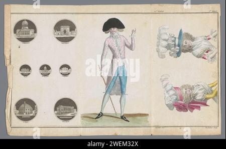 Magasin de nouveaux modes français et anglais, 10 juin 1788, 3e année, 21e cahier, pl. 1, 2 et 3, A.B. Duhamel, d'après Defraine, 1788 de gauche à droite. Sept boutons avec : 1) l'église Sainte-Geneviève, 2) la porte de la ville de Saint-Denis 3) le château de Madrid, 4) le Hôtel des Invalides, 5) de Bastille, 6) la Halle aux blés, 7) le Hôtel du Garde-Meble. Jeune homme vêtu d'une habit rayé avec de gros boutons, gilet et pantalon bleu genou. Commencez le tissu de cou, le jabot froissé et les poignets. Bas rayés. Accessoires : bâton avec nœud et lis, bâton de marche, chaussures avec boucles carrées. Deux bustes pour femmes : 'pouf' Banque D'Images