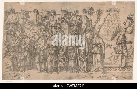 Scène des guerres Dacic, Antonio Fantuzzi (cercle de), 1537 - 1550 imprimer scène des guerres Dacic avec des hommes de gauche avec des boeufs à côté d'autels. Au bas-relief sur la colonne de Trajanus à Rome. colonne triomphale de gravure de papier avec frises hélicoïdales. (Histoire de) l'empereur Trajan. guerre. pièce de sculpture, reproduction d'une pièce de sculpture. Sacrifice animal  religion romaine colonne de Trajanus Banque D'Images