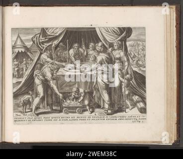 Célébration de la Pâque dans la Terre Promise, 1579 print dans le camp, les Israélites célèbrent la Pâque dans la Terre Promise pour la première fois. Dans une tente, les gens mangent du repas de Pessah avec un personnel à la main. Sur la droite en arrière-plan, Josué rencontre un ange avec une épée. Sous la performance une référence en latin au texte de la Bible en JZ. 5. L'impression fait partie d'un album. Gravure sur papier la Pâque est célébrée pour la première fois dans la terre promise. Josué se jette aux pieds de l'ange avec l'épée Banque D'Images