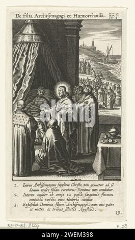 Christ guérit la femme qui souffre de perte de sang, Boëtius Adamsz. Bolswert, 1622 gravure sur papier la guérison d'une femme avec un problème de sang : elle s'agenouille devant Christ après avoir touché sa robe (Matthieu 9:20-22, Marc 5:25-34, Luc 8:43-48) Banque D'Images