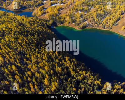 Superbe prise de vue aérienne capture un lac de montagne serein entouré par des couleurs d'automne vibrantes dans la région de l'Altaï. Banque D'Images