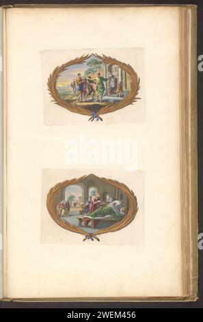 Feuille avec deux vignettes, Dirk Janszoon van Santen, 1700 impression feuille avec deux vignettes. A l'étage : remettez les étrangers. Ci-dessous : visitez les malades. Feuille de la deuxième partie de la Bible du Prent avec le Nouveau Testament, publiée par Pieter mortier, Amsterdam 1700. papier. peinture pour terrasse. Gravure abritant des étrangers, 'Hospes collitur'  l'un des (sept) actes de Miséricorde. Visiter les malades, 'Aeger Curatur'  l'un des (sept) actes de Miséricorde Banque D'Images