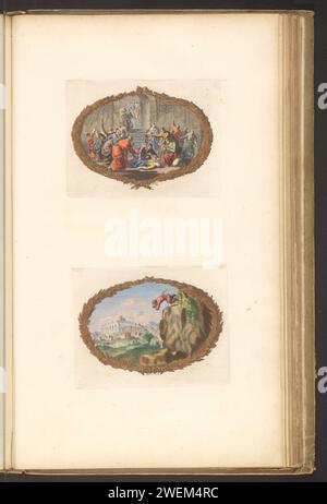 Feuille avec deux vignettes, Dirk Janszoon van Santen, 1700 impression feuille avec deux vignettes. A l'étage : Paul s'occupe d'Eutychus. Ci-dessous : Judas se jette d'un rocher. Feuille de la deuxième partie de la Bible du Prent avec le Nouveau Testament, publiée par Pieter mortier, Amsterdam 1700. papier. peinture pour terrasse. La gravure Eutychus est ressuscité des morts par Paul. Judas est désembobiné après une chute Banque D'Images