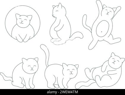 Ensemble minimaliste chats oneline. Animal mignon, image de ligne noire simple. Personnages drôles de famille de chat, illustration vectorielle isolée Illustration de Vecteur