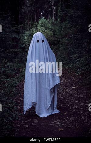 Un enfant dans un drap blanc prétend être un fantôme à Halloween Banque D'Images