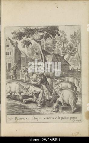 Le fils perdu comme cochon entendu, 1580 - 1588 imprimer le fils perdu comme un troupeau de porcs. Il a à peine des vêtements et mange avec les porcs de la mangeoire. Sous la performance un texte explicatif en latin. Ce tirage fait partie d'un album. papier gravé le fils prodigue s'occupe des porcs et mange de leur auge Banque D'Images