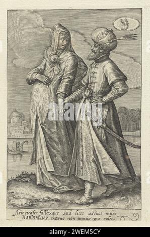 Août : quelques-uns de Turquie, 1604 - 1670 Homme et femme enceinte, vêtus de Dracht turc, sur les rives d'une rivière. Un paysage urbain en arrière-plan. En haut à droite le signe de Vierge. Dans la marge, une légende à deux sens en latin sur la ruse de «la barbare» qui peut également tenir le feu pour la femme. Imprimer à partir d'une série avec les douze mois affichés par les signes du zodiaque et les couples qui portent des vêtements de différents pays. Gravure sur papier races et peuples asiatiques : Turcs. vêtements, costume (+ vêtements pour hommes). vêtements, costume (+ vêtements pour femmes). manteau (+ vêtements pour hommes). robe, robe ( Banque D'Images