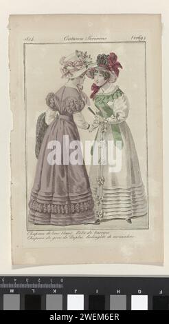 Journal des dames et de la mode, costumes parisiens, 10 octobre 1824, (2269) : chapeau en bois blanc (...), 1824 deux femmes dont la gauche sur le dos. Elle porte une robe de barège. Sur la tête un chapeau de 'Bois blancl'. La femme de droite porte une mousseline redingote, avec des noeuds sur les manches et la jupe. Chapeau "gros de Naples". Le tirage fait partie du magazine de mode Journal des Dames et des modes, édité par Pierre de la Mésangère, Paris, 1797-1839. plaques de mode gravées en papier. robe, robe (+ vêtements pour femmes). casque : chapeau (+ vêtements pour femmes). robe, robe : redingote (+ vêtements pour femmes). chaussures Banque D'Images