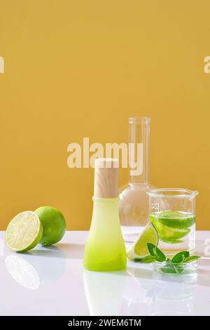 Maquette pour produit avec ingrédient à partir d'huile essentielle de chaux - bouteille en verre non étiquetée, tranches de citron vert frais et feuilles vertes décorées sur fond jaune Banque D'Images