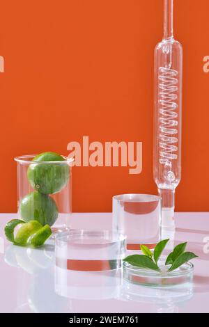 Scène pour la publicité cosmétique d'extrait de chaux avec concept de laboratoire. Podium transparent, limes fraîches dans le bécher et feuilles dans une boîte de Pétri décorée o Banque D'Images