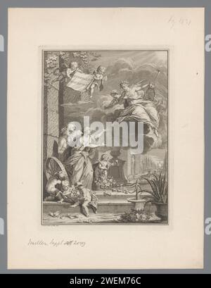 Poésie en conversation avec des figures allégoriques, Jan Punt, 1740 papier gravure / gravure représentations symboliques, allégories et emblèmes  poésie ; 'Poesia' (Ripa). Hospitalité ; 'Hospitalità' (Ripa). Humanité, politesse ; 'Cortesia', 'Humanità' (Ripa). Amitié ; 'Amicitia' (Ripa) Banque D'Images