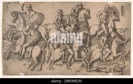 Scène des guerres daciennes, Antonio Fantuzzi (cercle de), 1537 - 1550 imprimer scène des guerres daciennes avec des soldats à cheval. Au bas-relief sur la colonne de Trajanus à Rome. colonne triomphale de gravure de papier avec frises hélicoïdales. (Histoire de) l'empereur Trajan. guerre. Pièce de sculpture, reproduction d'une pièce de sculpture colonne de Trajanus Banque D'Images