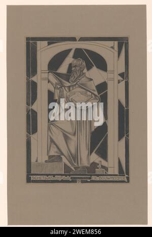 De Bouwmeester, Richard Nicolaüs Roland Holst, 1918 estampe Un homme barbu, peut-être Hiram, l'architecte du temple de Salomon à Jérusalem, tient un passant et une maquette de temple. architecte papier en situation de non-travail. conception architecturale ou modèle. instruments de mesure Banque D'Images