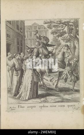 Le fils perdu quitte la maison parentale, 1580 - 1588 imprimer le plus jeune fils dit au revoir à sa famille et quitte la maison parentale. Il part à cheval. Sous la performance un texte explicatif en latin. Ce tirage fait partie d'un album. gravure sur papier prise de congé et départ du fils prodigue Banque D'Images