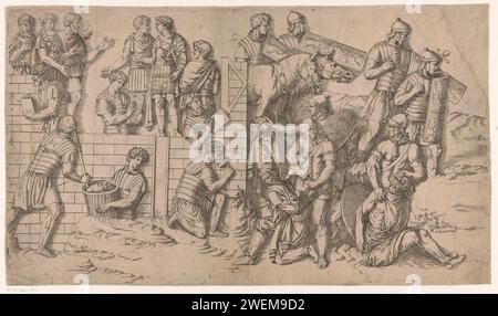 Scène des guerres daciennes, Antonio Fantuzzi (cercle de), 1537 - 1550 imprimer scène des guerres daciennes avec à gauche des soldats construisent un mur et à droite des soldats qui capturent des hommes barbus. Au bas-relief sur la colonne de Trajanus à Rome. colonne triomphale de gravure de papier avec frises hélicoïdales. (Histoire de) l'empereur Trajan. guerre. Pièce de sculpture, reproduction d'une pièce de sculpture colonne de Trajanus Banque D'Images