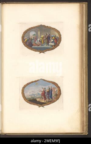 Feuille avec deux vignettes, Dirk Janszoon van Santen, 1700 impression feuille avec deux vignettes. Ci-dessus : Paul voit comment Agabus se lie à sa ceinture. Ci-dessous : trois rois voient l'étoile dans le ciel. Feuille de la deuxième partie de la Bible du Prent avec le Nouveau Testament, publiée par Pieter mortier, Amsterdam 1700. papier. peinture pour terrasse. Gravure l'arrestation de Paul à Jérusalem est prédite par Agabus, qui lie ses propres mains et pieds avec la ceinture de Paul. Les trois Sages voient une étoile et sont étonnés par sa magnitude Banque D'Images