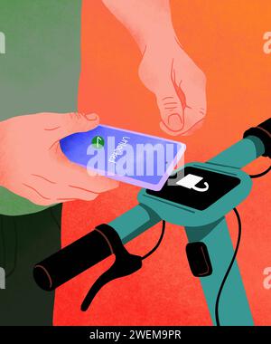 Close up homme avec téléphone intelligent débloquant scooter public avec application mobile Banque D'Images