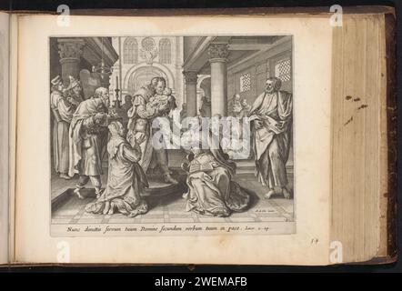 Présentation du Christ au Temple, Anonyme, d'après Jacques de BIE, d'après Maerten de vos, 1643 - 1646 imprimer Siméon garde l'enfant Christ dans ses bras et l'embrasse. À gauche, Maria et Joseph Kneelt tiennent le panier avec deux pigeons dans les mains. Sur la droite, les prophètes Hanna s'agenouillent. Sous le spectacle une référence en latin au texte de la Bible en mat. 2:29. Ce tirage fait partie d'un album. Gravure sur papier de présentation de l'enfant-Christ dans le temple, habituellement Siméon (et Anna) présent (Luc 2:22-39). Siméon, tenant le Christ-enfant, chante son cantique : 'Nunc dimittis' Banque D'Images