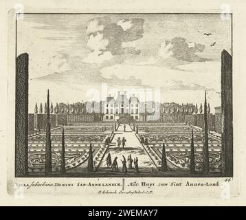 Vue de Landhuis Clingendael à la Haye, 1695 - 1705 tirage d'une série de 71 tirages avec des paysages rhénans, des visages sur des palais royaux et des paysages urbains de la Haye et d'Amsterdam. La maison de campagne Clingendael est mentionnée dans la légende huis by St. Annen-Land parce qu'il était en possession du Seigneur de Saint Annaland à l'époque. Gravure sur papier jardin français ou architectonique ; jardin formel. "jeu de boules". serre, orangerie Banque D'Images