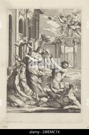 Homme rencontré slakkenhoofd une flore, anonyme, d'après Johann Friedrich Greuter, d'après Guido Reni, après 1633 impression au premier plan est un homme avec une tête d'escargot. Flora est à gauche avec ses nymphes. Un homme essaie de garder le personnage d'escargot loin de Flora. Gravure sur papier (histoire de) Flora. Nymphes (en général) ; 'Ninfe in communal' (Ripa). monstres avec tête d'animal. mollusques : escargots Banque D'Images