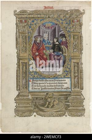 Julius, c. 1520 - 1525 imprimer le mois de juillet : magazine de livre : élégante dame habillée et Seigneur, assis dans un départ sur une banque. Deux enfants avec eux. Trois personnages derrière eux. Dans la liste ovale, qui est contenue dans le cadre architectural ornemental avec un lion au fond en dessous. Dans cartouche 4-Légende française régulière sur l'âge de quarante ans et le mois de juillet. Verso : manteau en papier calendrier (+ vêtements pour hommes). robe, robe (+ vêtements pour femmes) Banque D'Images