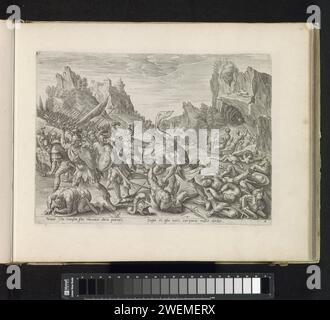 Simson bat les Philistins avec une mâchoire d'âne, Antonie Wierix (II), d'après Maerten de vos, 1585 print Simson tue les Philistins avec la mâchoire d'un âne. Sous le spectacle une référence au texte de la Bible en latin. Ce tirage fait partie d'un album. Gravure sur papier avec un os de mâchoire d'âne Samson tue mille Philistins Banque D'Images