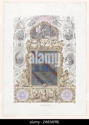 Publicité de Drukkerij S. Mayer à Anvers, v. 1860 - v. 1870 print. Carte en porcelaine ornée d'un cartouche en haut avec Alois Senefelder dans son atelier, dont quatre putti et un globe. Au fond d'un buste de Senefelder qui est décoré par deux anges avec des couronnes florales. Le long des bords quatre grandes et deux petites scènes qui se rapportent à la production d'une litho, entre autres choses : creuser et polir la pierre, dessiner sur la pierre, imprimer l'estampe et la vente de l'estampe. . machine à imprimer. marchand d'art. lithographe. enfants jouant d'instruments de musique. honorant Banque D'Images