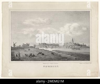Vue de Nimègue, 1836 impression d'une série de douze avec des paysages de Nimègue et des environs. A gauche un pré avec des vaches, une étoile laitière avec des seaux sur un joug et un enfant. Sur la droite, la rivière avec une face sur la ville de Nimègue coule à travers la rue. rivière papier. bovins. moulin à vent dans le paysage Nijmegen Banque D'Images