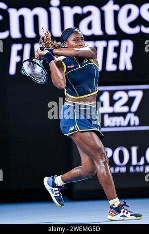 Melbourne, Australie. 25 janvier 2024. Cori Coco Gauff lors du tournoi de tennis Australian Open AO 2024 Grand Chelem le 25 janvier 2024 à Melbourne Park, Australie. Photo Victor Joly/DPPI crédit : DPPI Media/Alamy Live News Banque D'Images