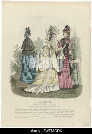 La saison, 1872, n°9, 5e année : toilettes et nouveautés (...), 1872 trois femmes à l'extérieur, habillées de robes avec file d'attente du petit St Thomas en tissus de colonie des Indes. Imprimer à partir des magazines de mode (?) La saison (1867-1902) et modes de la saison (1871-1885). assiettes de mode en papier. casque (+ vêtements pour femmes). manteau (+ vêtements pour femmes). robe, robe (+ vêtements pour femmes). manches (+ vêtements pour femmes). parasol, parasol (+ vêtements pour femmes). jupe (+ vêtements pour femmes). voile (+ vêtements pour femmes). fleurs coupées ; nosegay, bouquet de fleurs. boucles d'oreille (+ vêtements pour femmes) Banque D'Images