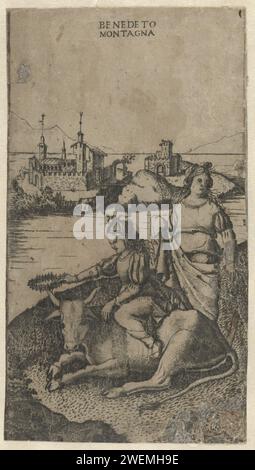 Enlèvement de l'Europe par Jupiter en forme de taureau, Benedetto Montagna, après Anonymous, 1515 - 1520 print extrait de l'impression avec l'Europe que dans le dos de Jupiter en forme de taureau grimpe et place la couronne de fleurs à l'avant-garde de l'animal. Il y a une femme de ménage à côté d'elle. L'île de Crète est en arrière-plan dans la mer. Sur la droite, il y a une bande avec un berger et des vaches. Le papier gravé Jupiter, généralement en forme de taureau blanc, enlève Europe et la porte à travers l'eau Banque D'Images