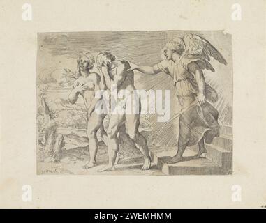 Expulsion du Paradis, Giovanni Lanfranco, après Rafaël, 1607 print un ange éloigne Adam et Eva du Paradis. Gravure de papier expulsion d'Adam et Ève du paradis (Genèse 3:22-24) Banque D'Images