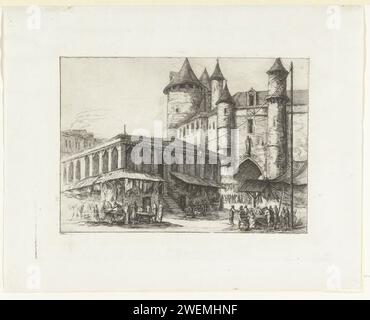 Fort Grand Châtelet et Marktplein à Paris, Charles Meryon, d'après Anonymous, 1861 imprimer le fort Grand Châtelet au Pont-au-change à Paris dans la situation avant sa démolition en 1860. Sur la place en face du fort, il est très occupé avec différents marchands sur le marché. L'artiste a utilisé comme exemple un dessin anonyme datant d'environ 1780. gravure de papier / forteresse de point sec. Marché Paris Banque D'Images