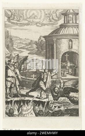 Emblème avec des anges qui encouragent les hommes à rivaliser avec les âmes mendiantes du purgatoire, Boëtius Adamsz. Bolswert, 1620 print deux anges montrent à deux hommes les âmes mendiantes au purgatoire et les encouragent à avoir de la compassion et à le montrer en faisant des sacrifices, en priant et en donnant l'aumône. papier gravant la vie de l'homme. ange gardien. purgatoire, habituellement les âmes priant ou demandant l'intercession. Prière (privée) ; 'Oratione', 'Preghiere', 'Preghiere a Dio' (Ripa). église (extérieur). cimetière (autour de l'église). Sainte Messe (service divin, en particulier de l'Église catholique romaine) Banque D'Images