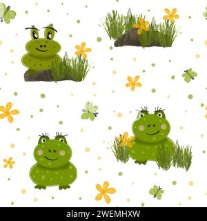 Motif grenouille. Motif sans couture aquarelle avec des grenouilles drôles vertes. Une grenouille est assise sur une pierre dans l'herbe. Le soleil, des fleurs et un papillon. Banque D'Images