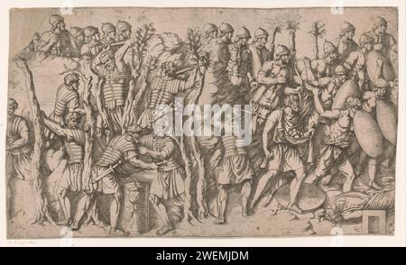 Scène des guerres daciennes, Antonio Fantuzzi (cercle de), 1537 - 1550 imprimer scène des guerres daciennes avec des soldats de gauche qui coupent des arbres et sur les soldats de droite qui tiennent leur bouclier. Au bas-relief sur la colonne de Trajanus à Rome. colonne triomphale de gravure de papier avec frises hélicoïdales. (Histoire de) l'empereur Trajan. guerre. Pièce de sculpture, reproduction d'une pièce de sculpture colonne de Trajanus Banque D'Images