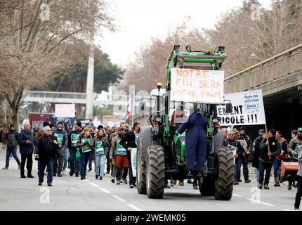 Nice, France. 26 janvier 2024. © PHOTOPQR/NICE MATIN/Dylan Meiffret ; Nice ; 26/01/2024 ; manifestation des agriculteurs des Alpes-Maritimes, départ du cortège au MIN d'Azur, arrivée au CADAM (préfecture) Nice, France, 26 janvier 2024 Farmers of the french riviera Protest Credit : MAXPPP/Alamy Live News Banque D'Images