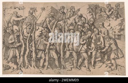 Scène des guerres daciennes, Antonio Fantuzzi (cercle de), 1537 - 1550 imprimer scène des guerres daciennes au bas-relief sur la colonne de Trajanus à Rome. colonne triomphale de gravure de papier avec frises hélicoïdales. (Histoire de) l'empereur Trajan. guerre. Pièce de sculpture, reproduction d'une pièce de sculpture colonne de Trajanus Banque D'Images