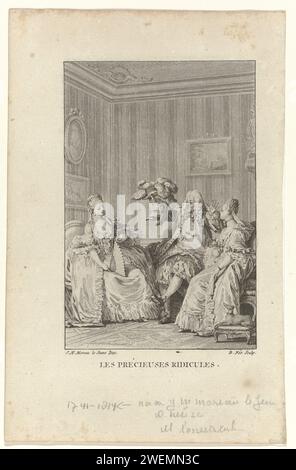 Le précieux ridicule., 1749 - 1817 scène de la pièce de théâtre 'les Précieziees ridicules' de Molière. Homme assis flanqué de deux femmes assises dans un intérieur. Les femmes étaient vêtues de robes du 18e siècle avec EngageEntes, devant-de-gorge (poitrine) et jupe garnie d'une bande recommandée. La femme de droite porte encore un petit manteau d'épaule avec capuche. L'homme est vêtu d'un costume de la fin du 17e siècle, composé d'un Justaucorps, Jabot, Strik, Kamizool, Chemise, pantalons et bas larges genoux. Accessoires : chapeau avec plumes, chaussures avec talons et noeuds. gravure sur papier mode Banque D'Images