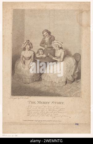 Woman Reads, 1783 print intérieur avec une femme liseuse derrière une table ronde, à côté d'elle un homme debout, en face d'elle une femme assise. Un enfant repose avec ses coudes sur la table, les bras croisés. journal gravé sur papier, feuille d'actualités. livre Banque D'Images
