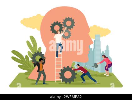Illustration vectorielle plate simple de groupe de personnes installant des engrenages dans la tête humaine, concept pour les initiatives d'affaires, la création d'idées, la créativité, posit Illustration de Vecteur