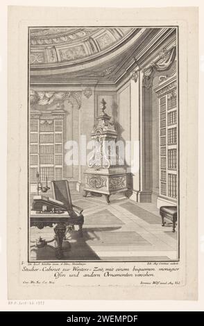 Cabinet d'étude avec Schouw, Johann August Corvinus, d'après Johann Jakob Schübler, en ou après 1724 imprimer Un cabinet d'étude avec une cheminée ornementée, des bibliothèques et une table d'écriture. Dans la marge inférieure un texte allemand de deux lignes. gravure sur papier / étude de gravure ; 'studiolo' ; bibliothèque. foyer ouvert, cheminée. étagères. bureau, bureau Banque D'Images