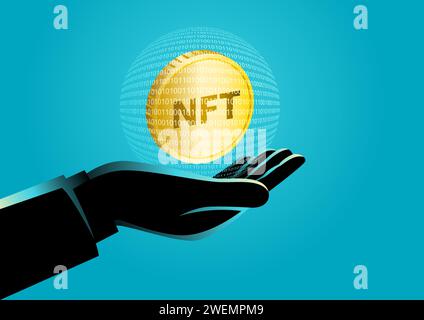 Illustration vectorielle d'une main tenant une sphère de nombres binaires avec jeton NFT à l'intérieur Illustration de Vecteur