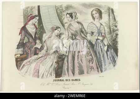 Journal des Dames, juin 1850, n° 1608 : CH. Mme Louis Janet (...), 1850 quatre femmes dans un jardin, habillées selon la mode de 1850. plaques de mode gravées sur papier acier. casque : casquette (+ vêtements pour femmes). gants, mitaines, etc (+ vêtements pour femmes). mouchoir (+ vêtements pour femmes). feuille imprimée simple : feuille large, feuillet. ceinture, ceinture, ceinture (+ vêtements pour femmes) Banque D'Images