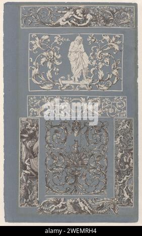 Collage de tirages découpés collés sur le magazine d'album de Blauw Paper, 1690 - 1720 impression Magazine d'album bleu couvert de tirages découpés de différents imprimeurs. En haut teasing avec trois demi-figurines de combat. En dessous de ce Saturne entouré de rangs. Le troisième tiflens avec trois animaux. Ci-dessous se trouve une figure en harnais sur les armes, entourée de tibs avec des masques et des oiseaux. Laissé sous un ange et une figure assise avec des drapeaux, des boucliers et un lion. Au milieu de deux putti avec un lion et des vrilles. Juste sous putti avec des armes, des guirlandes et des rangs. gravure sur papier / snipping vrilles  orna Banque D'Images