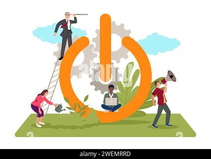 Illustration vectorielle plate simple des gens d'affaires occasionnels effectuent des activités pour améliorer les performances au symbole géant sur le bouton, entreprise en démarrage Illustration de Vecteur