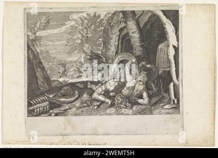 Compagnons de Cadmus dévoré par un dragon, v. 1636 - 1670 impression pour une grotte, un dragon tue les compagnons de Cadmus, fondateur de Thebe. Cadmus tue le dragon en arrière-plan. Gravure sur papier les compagnons de Cadmus, envoyés chercher de l'eau, sont tués par le dragon qui gardait la source. Cadmus tue le dragon Banque D'Images