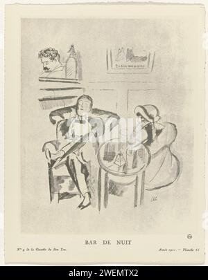 Gazette du bon ton, 1921 - n° 9, pl. 66 : Bar de nuit, Charles Laborde, 1921 Man. Assis avec les jambes l'une au-dessus de l'autre, dans un smoking. Cigare à la main. A côté de lui se trouve une femme, vue sur le dos, avec une cloche (chapeau de pot) sur la tête. Derrière le bar un homme endormi. Planche 66 tirée de Gazette du bon ton 1921, n° 9. Explication sur l'impression à la page 'explication des planches horstexte. Contenus dans le Numéro 9. impression typographique de plaques de mode en papier. auberge, café, maison publique, etc. casque (+ vêtements pour femmes). Ensembles de vêtements (COSTUMES) (+ vêtements pour hommes) Banque D'Images