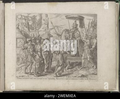 Sadrach, Mesach et Abednego devant le roi Nebucadnessar, 1565 print les trois Juifs qui refusent d'adorer la statue d'or doivent apparaître devant le roi Nebucadnessar. Ils sont amenés devant des soldats. Nebucadnessar est assis sur son cheval et interroge les trois hommes. Sous la performance un texte explicatif en latin. Ce tirage fait partie d'un album. Le roi Nebucadnezzar, sur papier gravé, appelle Shadrach, Mesach et Abed-nego à rendre des comptes, mais ils refusent de s'agenouiller devant la statue d'or Banque D'Images
